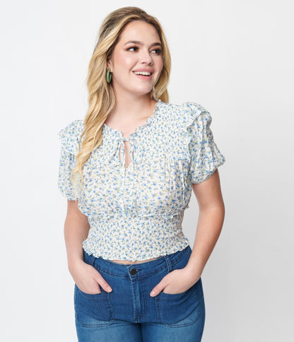 White & Blue Floral Smocked Waist Top - Unique Vintage - Womens, TOPS, WOVEN TOPS