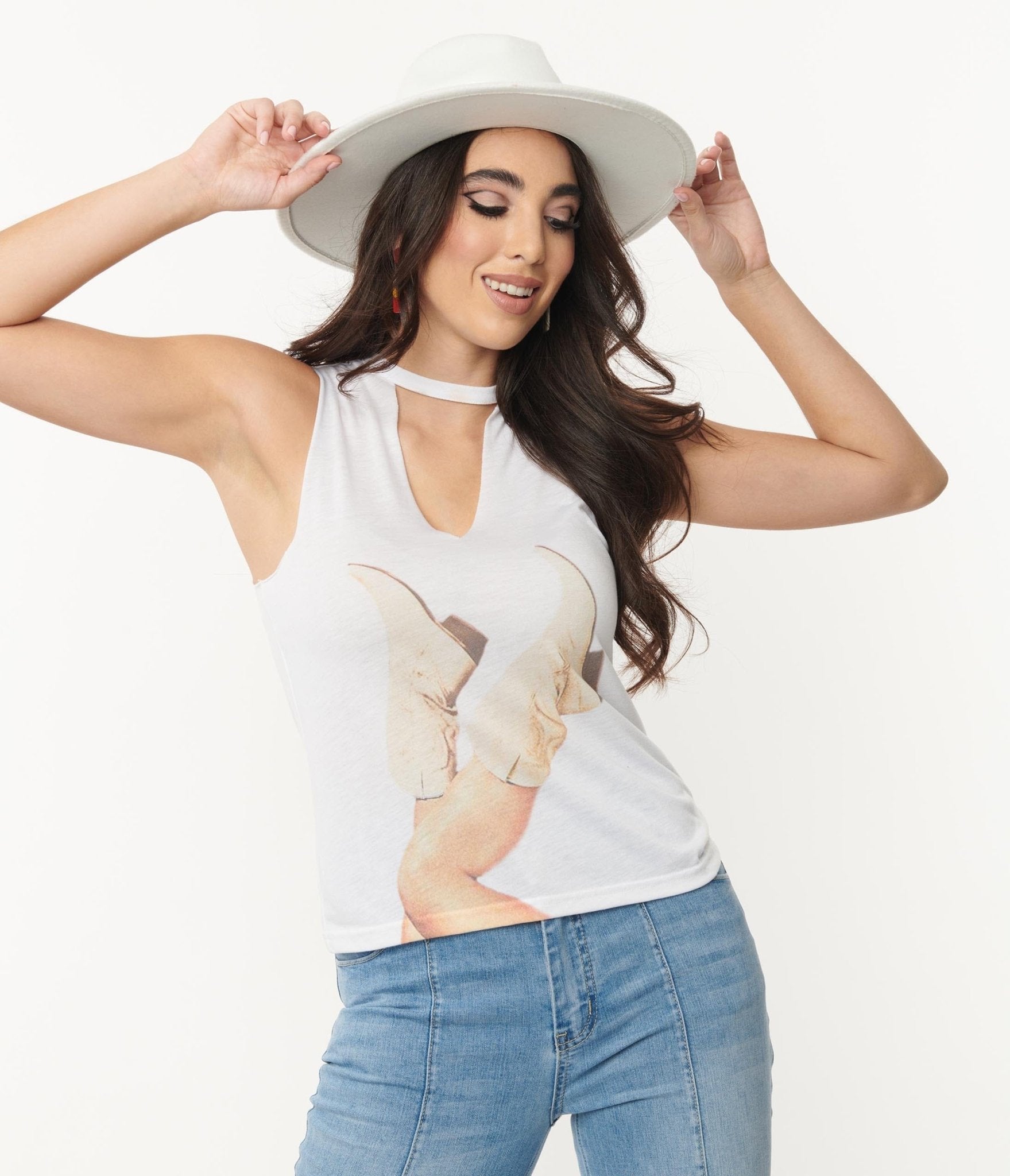 White Boots & Keyhole Graphic Tank - Unique Vintage - Womens, GRAPHIC TEES, TANKS