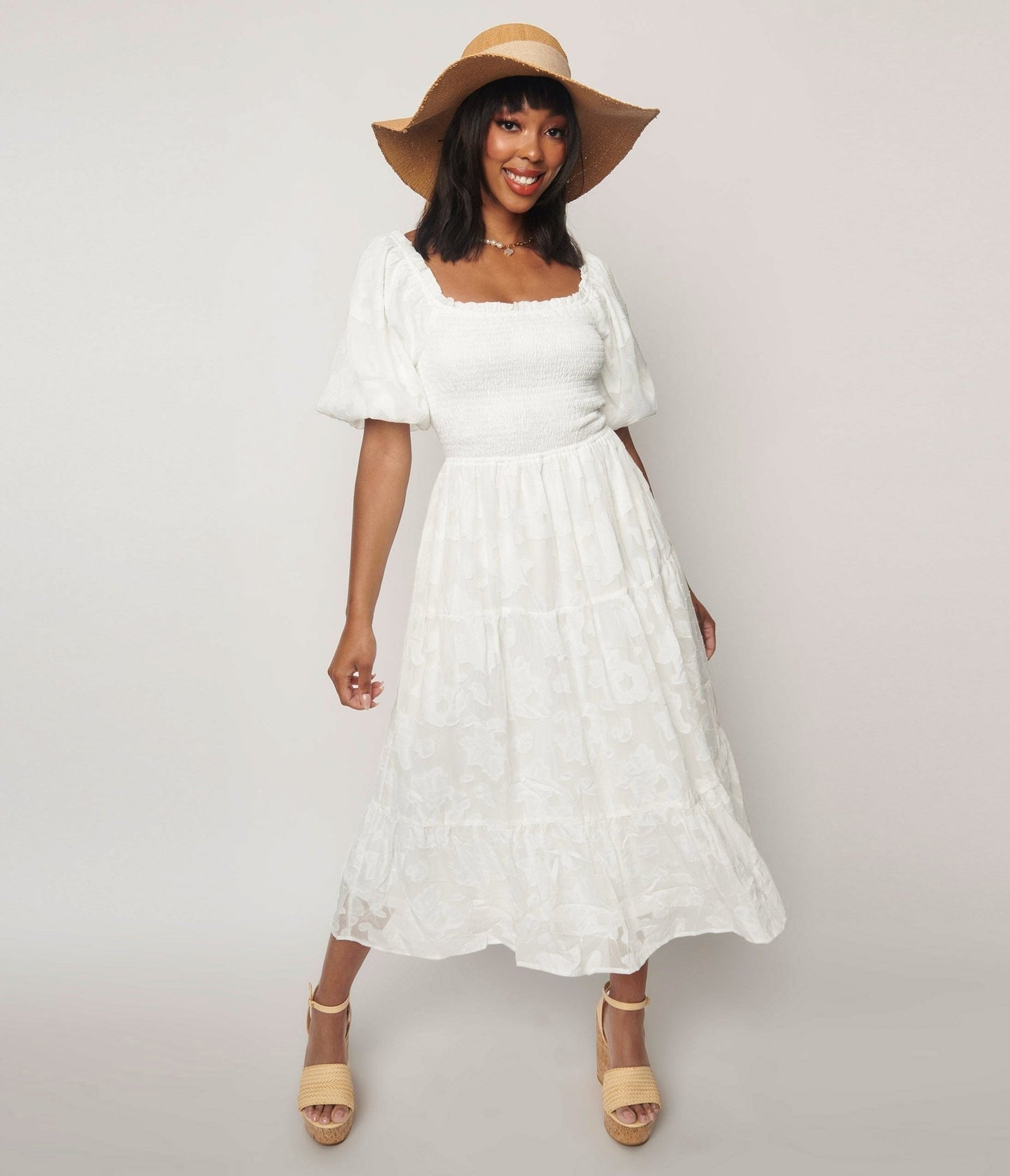 White Burnout Floral Smocked Midi Dress - Unique Vintage - Womens, DRESSES, MIDI