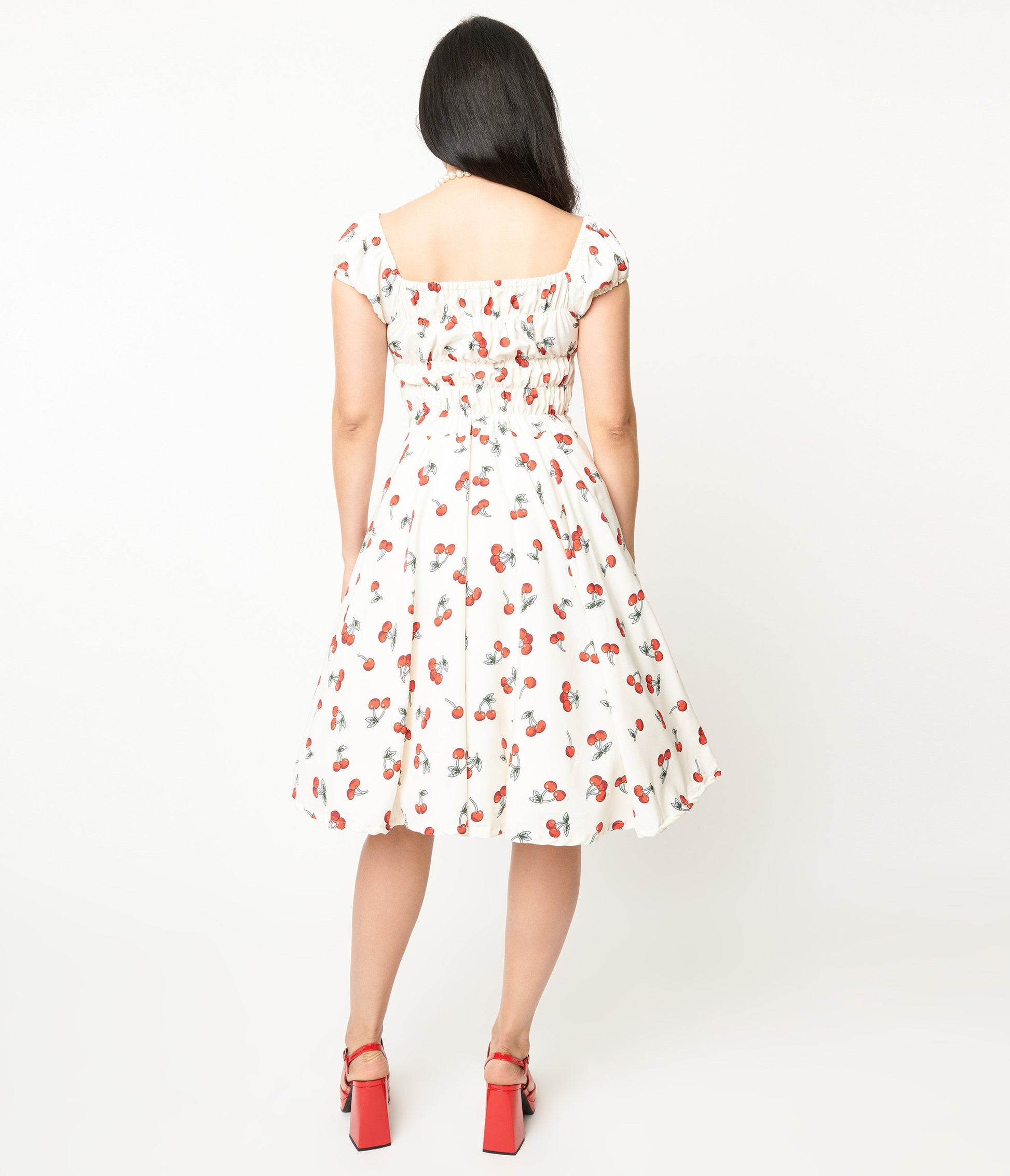 White & Cherry Print Off The Shoulder Swing Dress - Unique Vintage - Womens, DRESSES, SWING