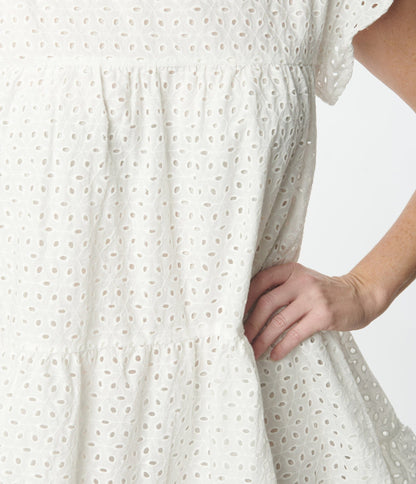 White Flutter Sleeve Eyelet Dress - Unique Vintage - Womens, DRESSES, SHIFTS