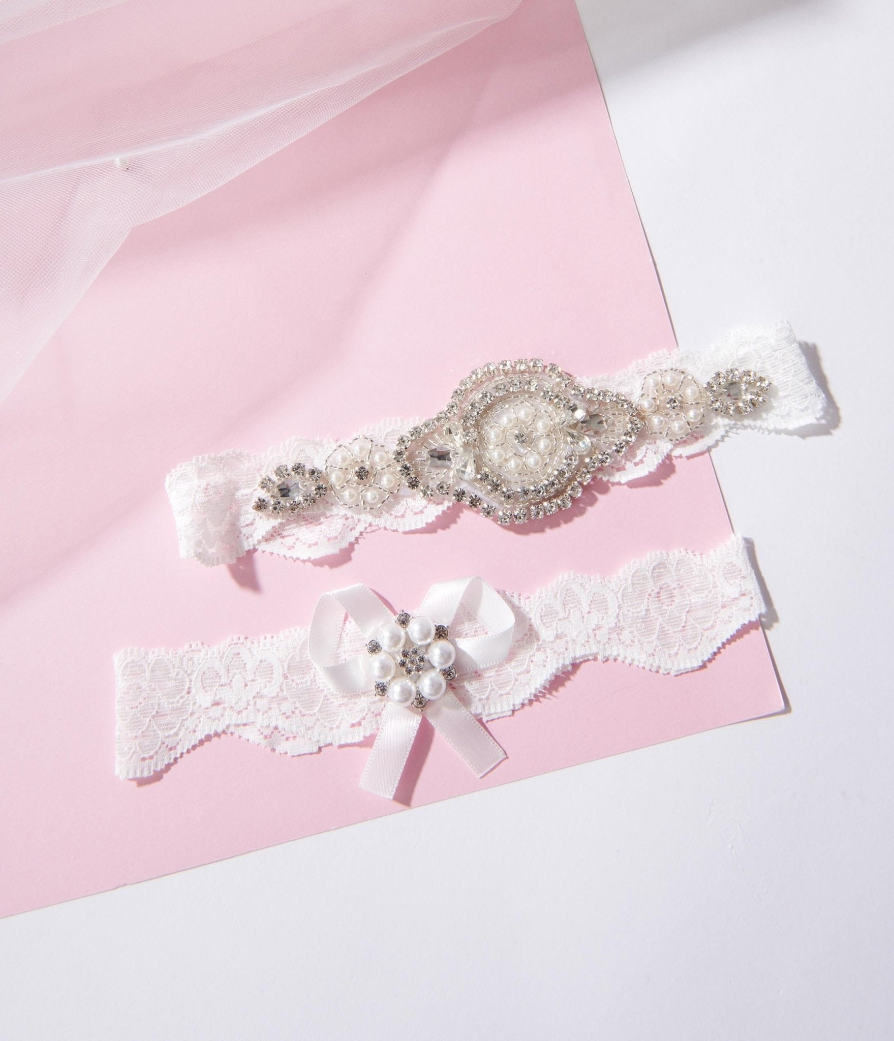 White Lace & Rhinestone Bridal Garter Set - Unique Vintage - Womens, ACCESSORIES, HOSIERY