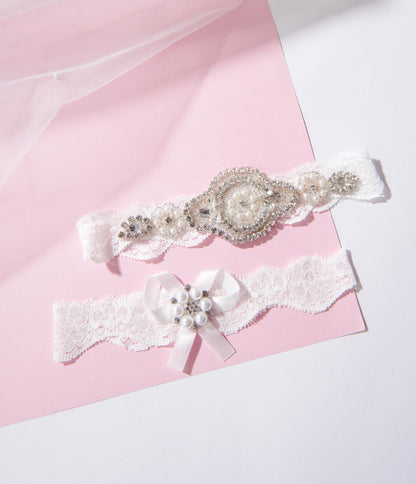 White Lace & Rhinestone Bridal Garter Set - Unique Vintage - Womens, ACCESSORIES, HOSIERY