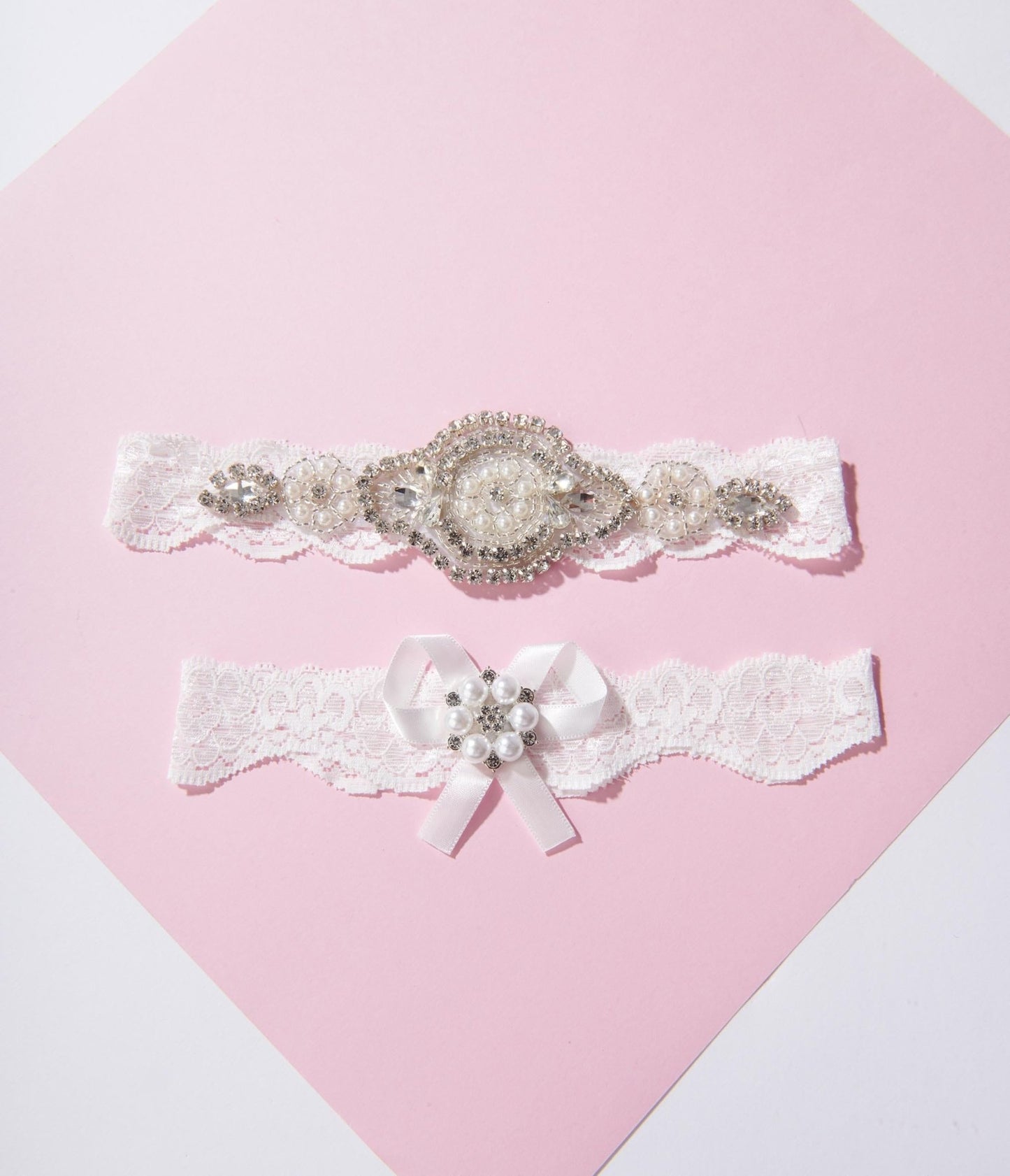 White Lace & Rhinestone Bridal Garter Set - Unique Vintage - Womens, ACCESSORIES, HOSIERY