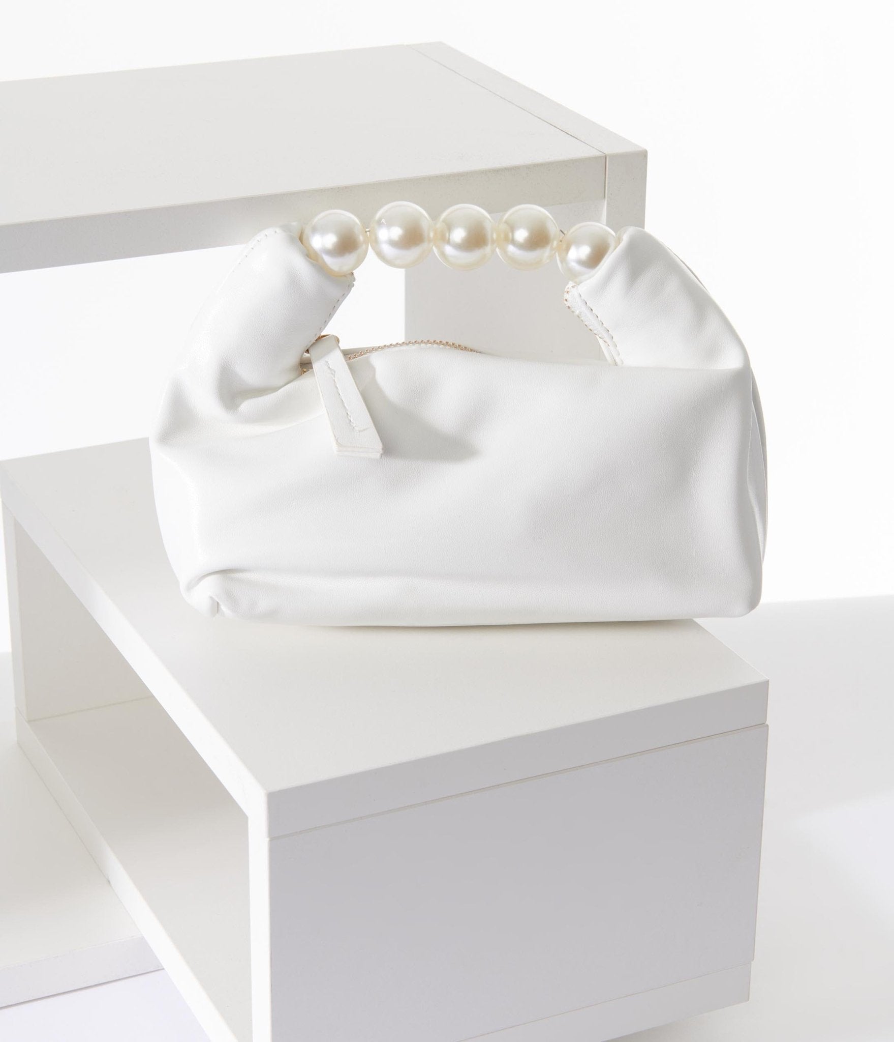 White Leatherette Pearl Handbag - Unique Vintage - Womens, ACCESSORIES, HANDBAGS