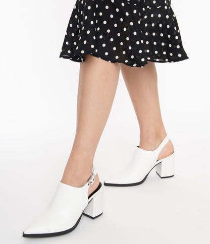 White Leatherette Pointed Toe Heel Slingback - Unique Vintage - Womens, SHOES, HEELS
