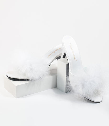 White Marabou Feather Peep Toe Slipper Heel - Unique Vintage - Womens, SHOES, HEELS