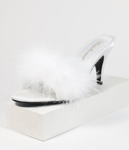 White Marabou Feather Peep Toe Slipper Heel - Unique Vintage - Womens, SHOES, HEELS