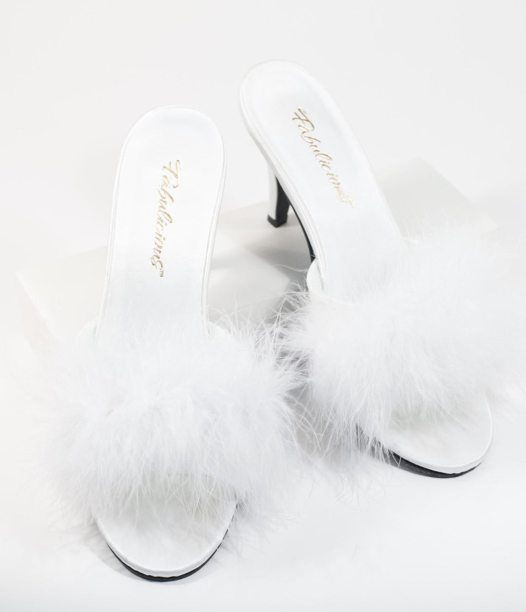 White Marabou Feather Peep Toe Slipper Heel - Unique Vintage - Womens, SHOES, HEELS