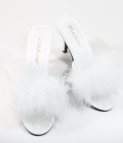 White Marabou Feather Peep Toe Slipper Heel - Unique Vintage - Womens, SHOES, HEELS