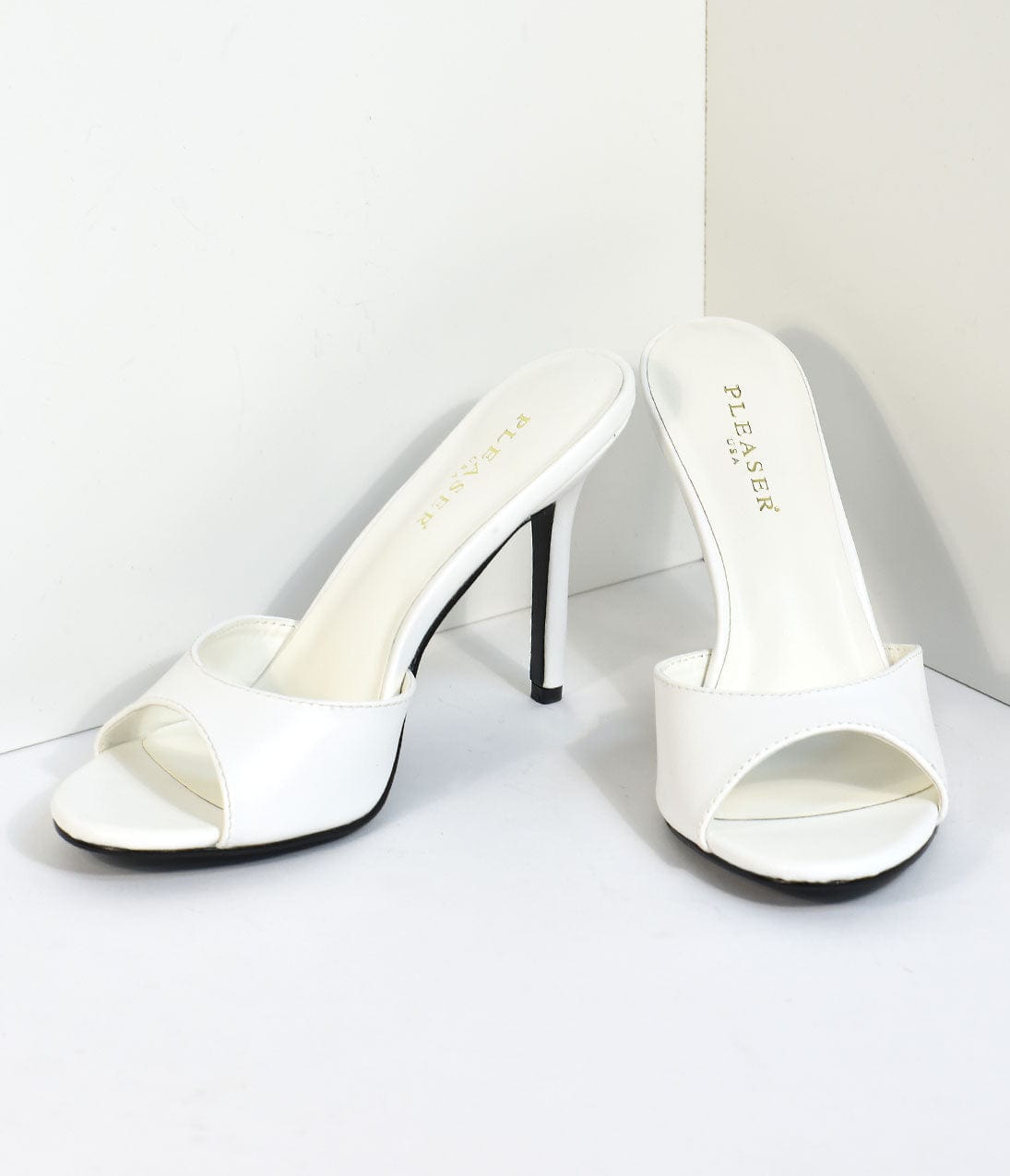 White Matte Leatherette Peep Toe Slip On Heels - Unique Vintage - Womens, SHOES, HEELS
