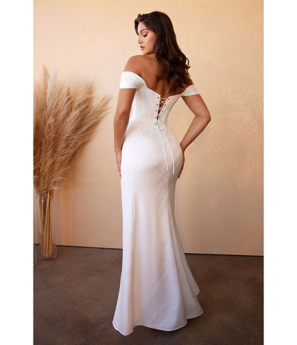 White Off The Shoulder Corset Satin Bridal Gown - Unique Vintage - Womens, DRESSES, PROM AND SPECIAL OCCASION
