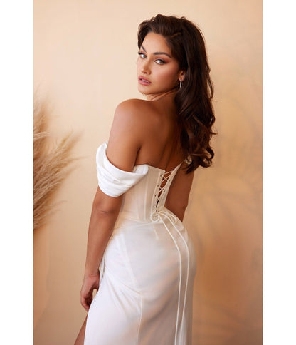 White Off The Shoulder Corset Satin Bridal Gown - Unique Vintage - Womens, DRESSES, PROM AND SPECIAL OCCASION