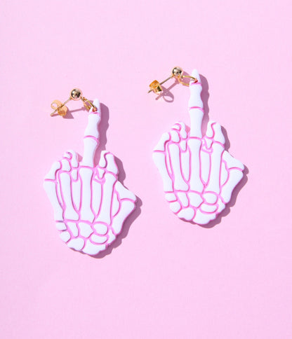 White & Pink Middle Finger Skeleton Earrings - Unique Vintage - Womens, HALLOWEEN, ACCESSORIES
