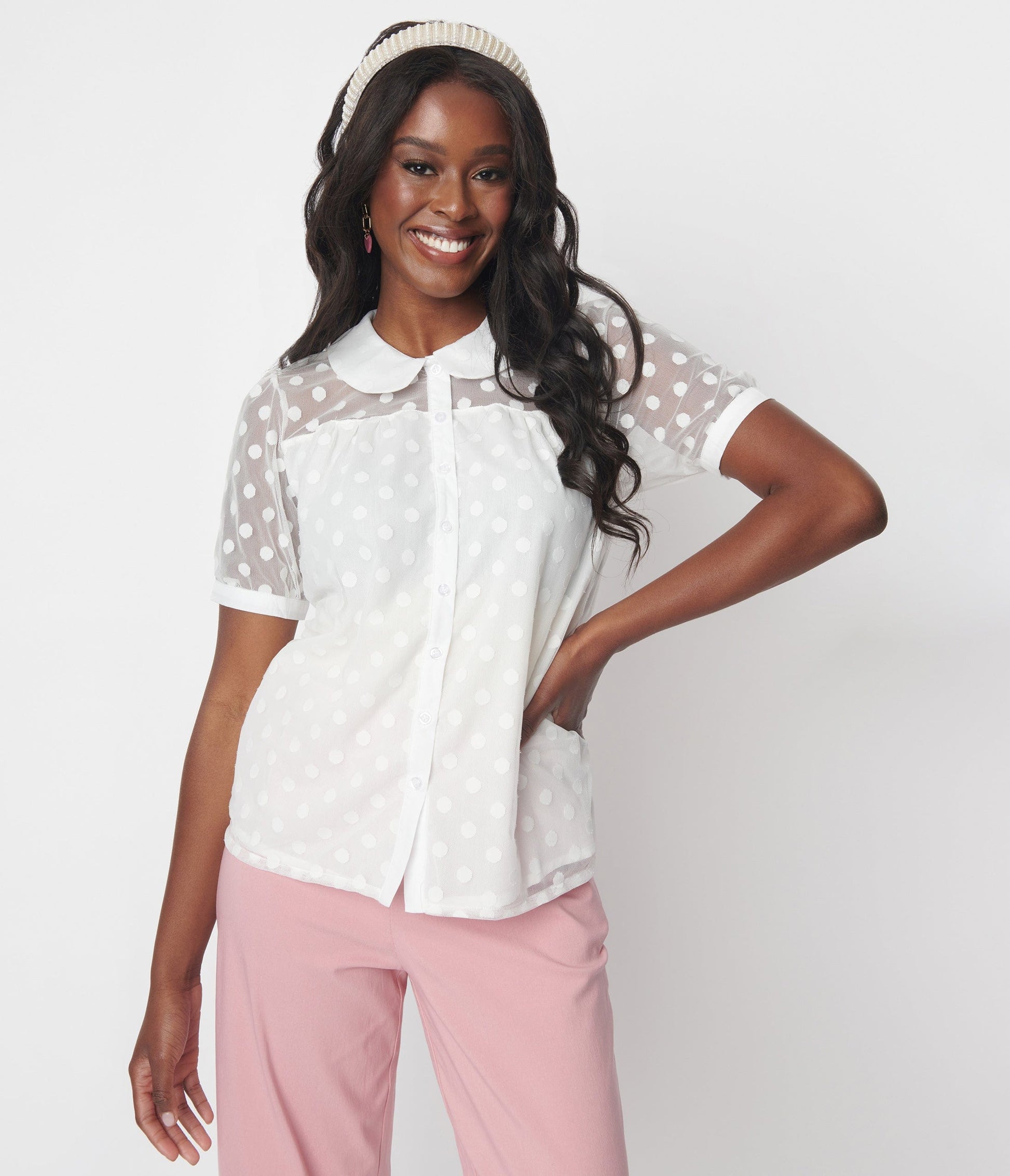 White Polka Dot Mesh Button Down Top - Unique Vintage - Womens, TOPS, WOVEN TOPS