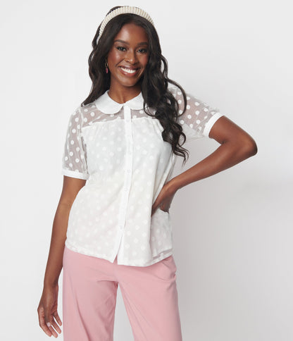 White Polka Dot Mesh Button Down Top - Unique Vintage - Womens, TOPS, WOVEN TOPS