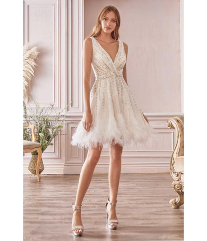 White Rhinestone & Feather Hem Bridal Mini Dress - Unique Vintage - Womens, DRESSES, PROM AND SPECIAL OCCASION