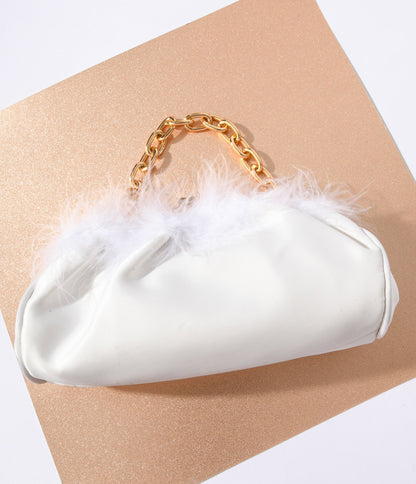White Satin & Fur Trim Clutch Handbag - Unique Vintage - Womens, ACCESSORIES, HANDBAGS
