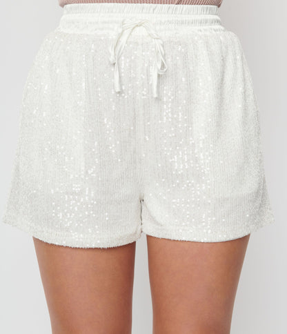 White Sequin Shorts - Unique Vintage - Womens, BOTTOMS, SHORTS