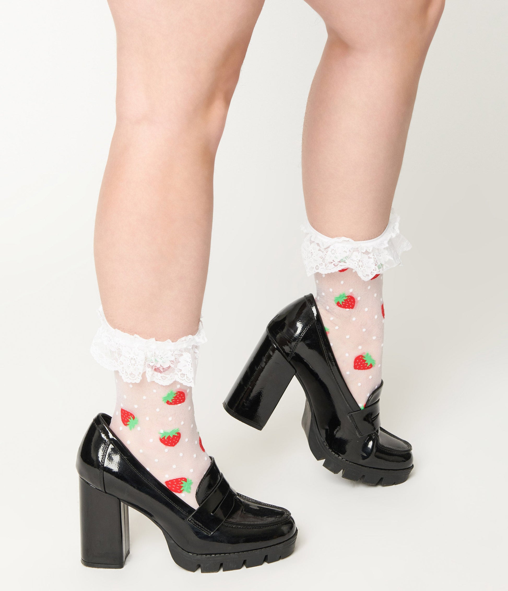 White Strawberry Dot Ruffled Ankle Socks - Unique Vintage - Womens, ACCESSORIES, HOSIERY