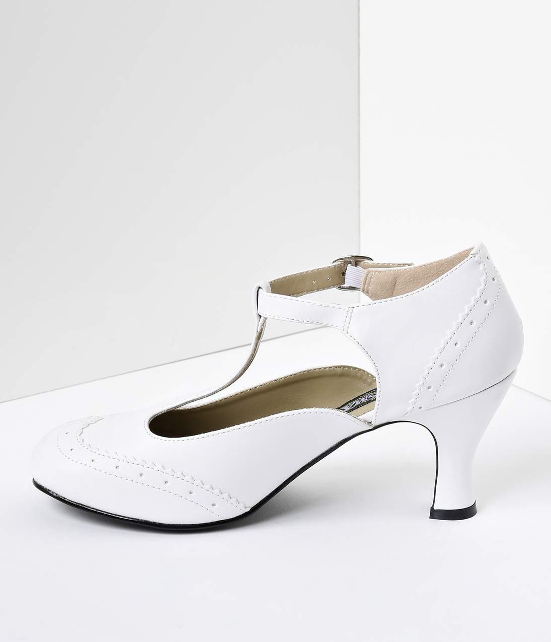 White T-Strap Mary Jane Kitten Heels - Unique Vintage - Womens, SHOES, HEELS