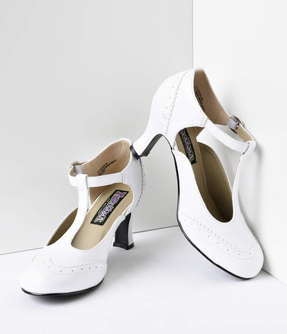 White T-Strap Mary Jane Kitten Heels - Unique Vintage - Womens, SHOES, HEELS