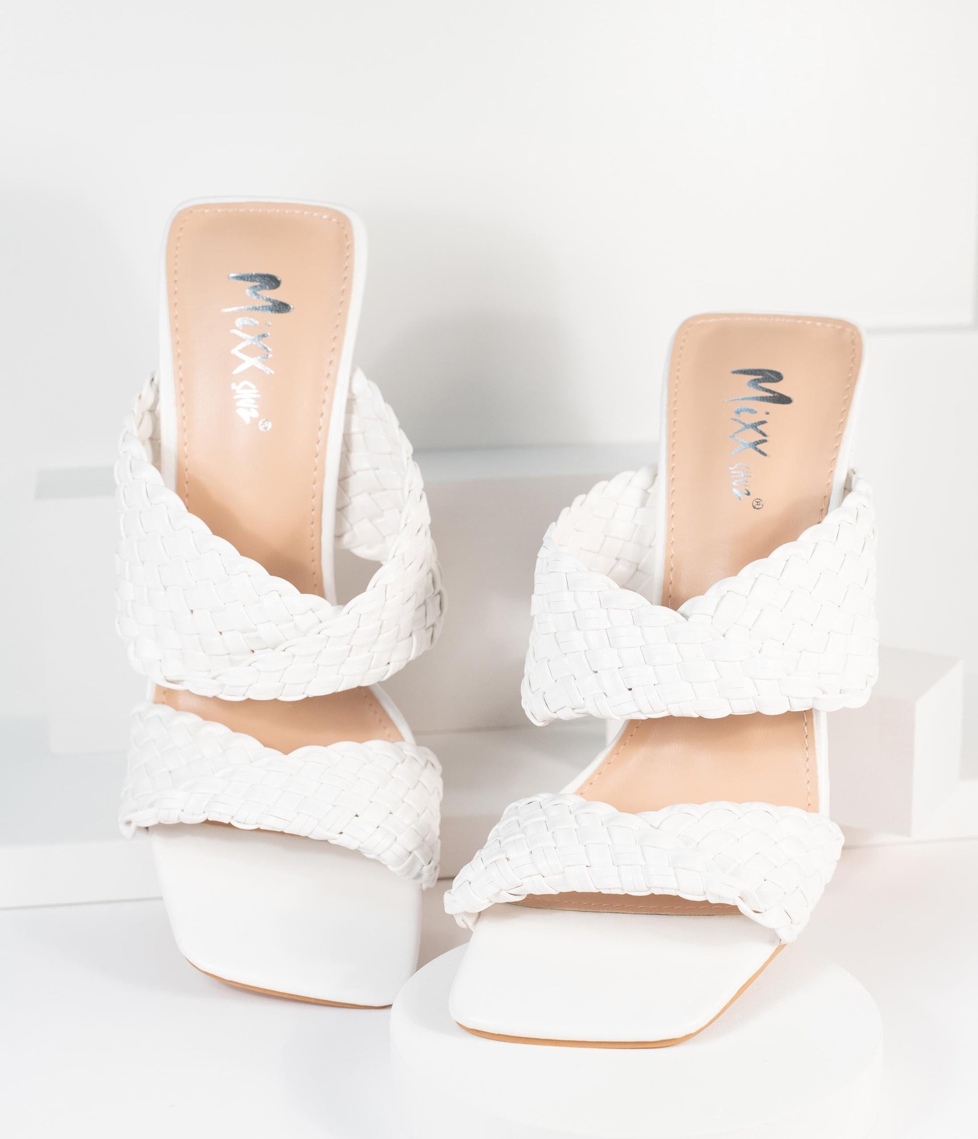 White Woven Leatherette Peep Toe Heels - Unique Vintage - Womens, SHOES, HEELS