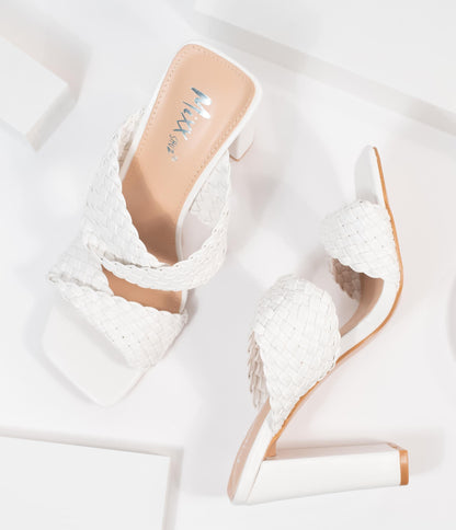 White Woven Leatherette Peep Toe Heels - Unique Vintage - Womens, SHOES, HEELS