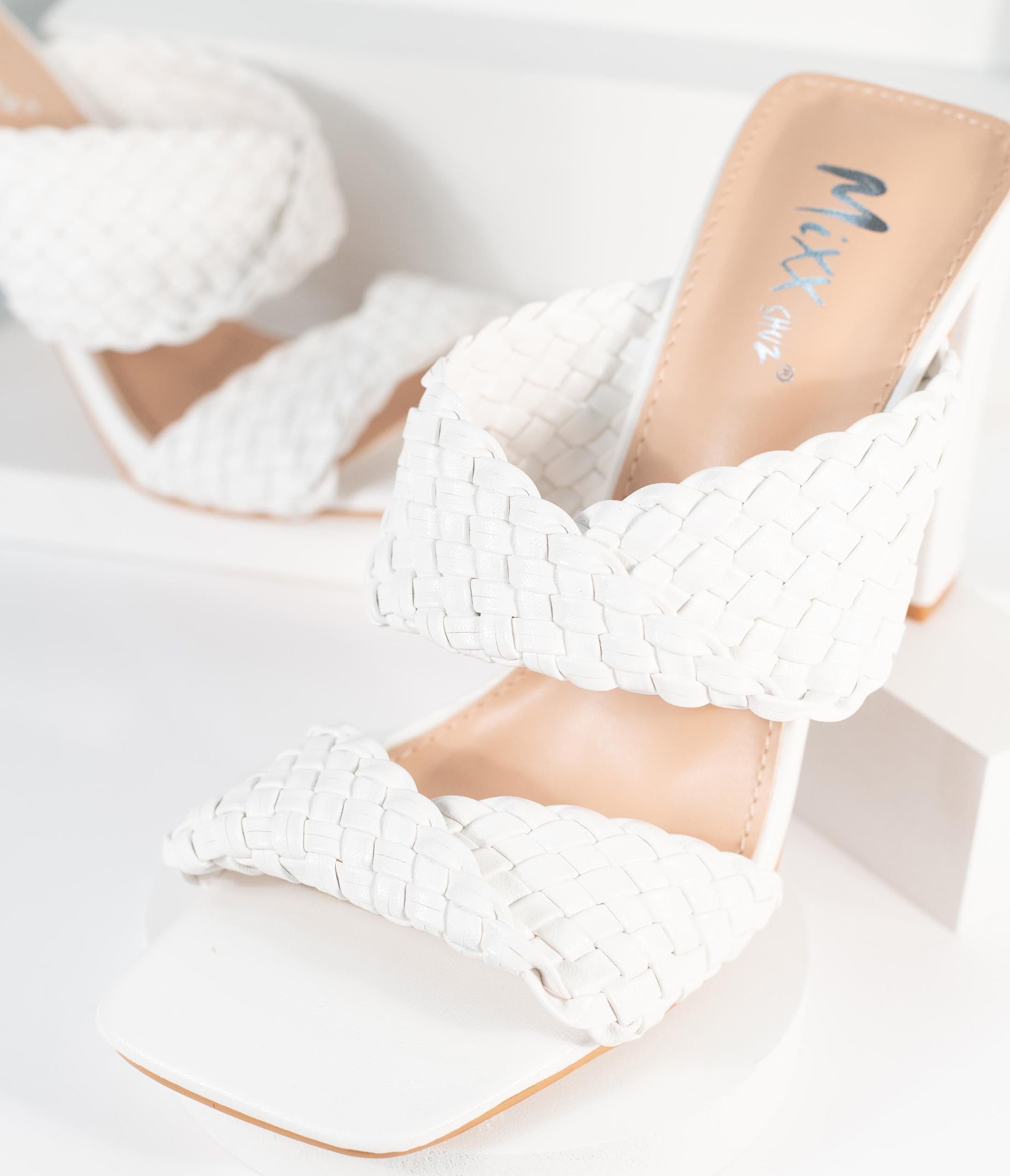 White Woven Leatherette Peep Toe Heels - Unique Vintage - Womens, SHOES, HEELS