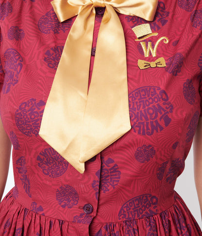 Willy Wonka x Unique Vintage Berry Swirls & Gold Bow Swing Dress - Unique Vintage - Womens, DRESSES, SWING