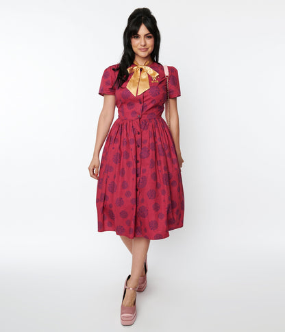 Willy Wonka x Unique Vintage Berry Swirls & Gold Bow Swing Dress - Unique Vintage - Womens, DRESSES, SWING