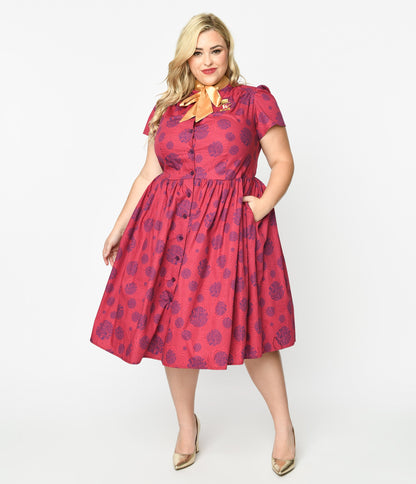 Willy Wonka x Unique Vintage Plus Size Berry Swirls & Gold Bow Swing Dress - Unique Vintage - Womens, DRESSES, SWING