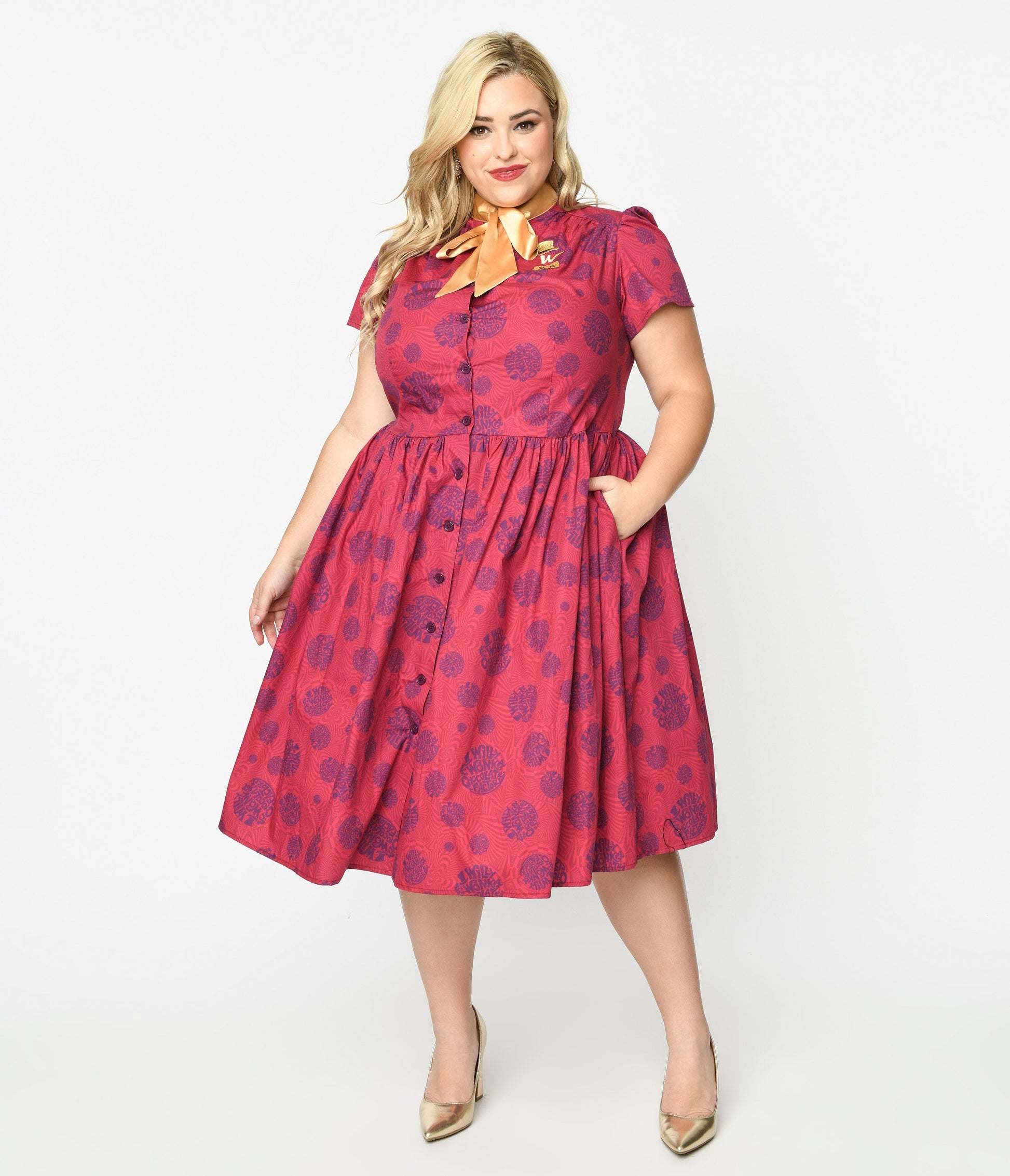 Willy Wonka x Unique Vintage Plus Size Berry Swirls & Gold Bow Swing D