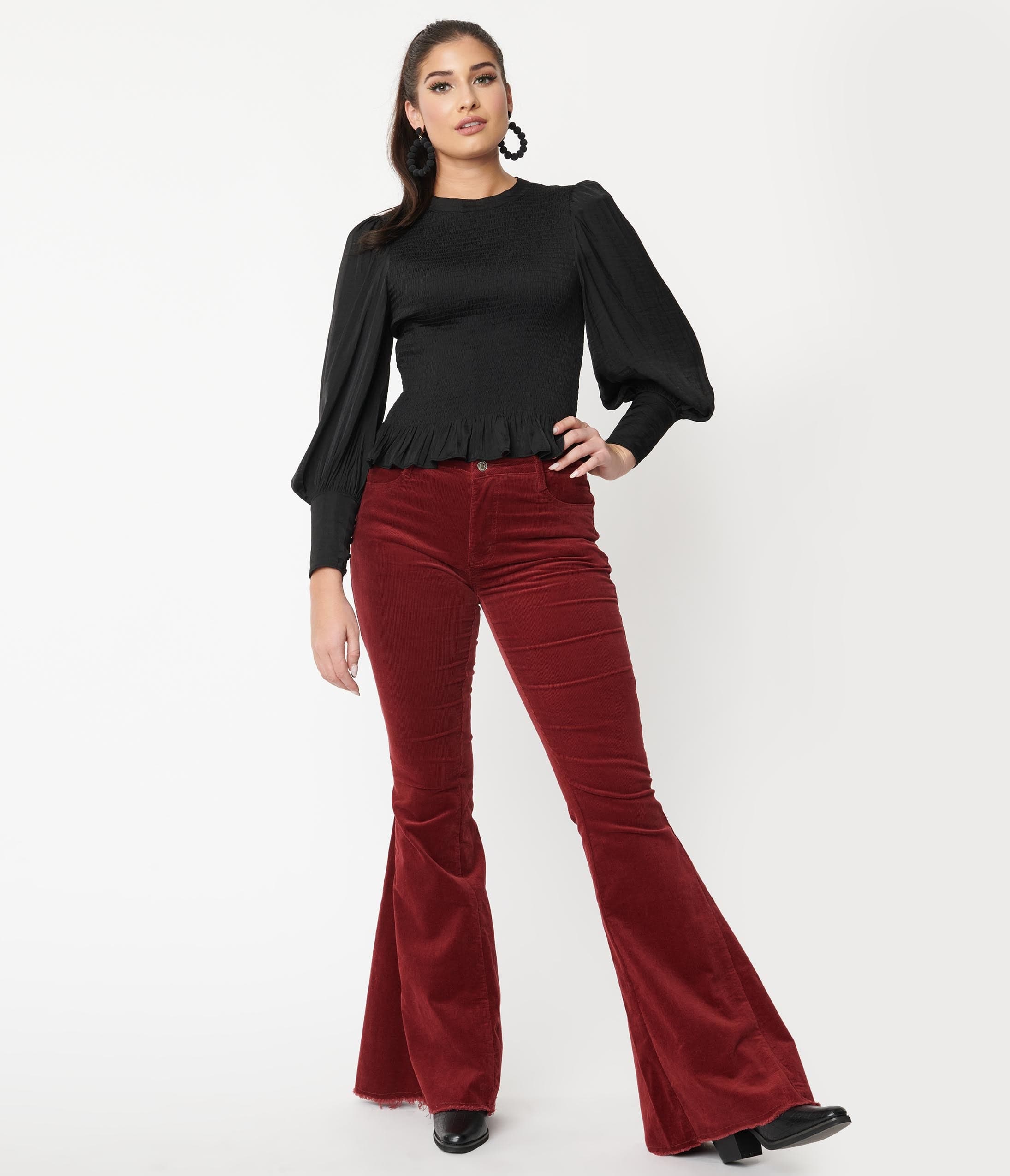 Plus Red Rib Knit Flared Pants, Plus Size