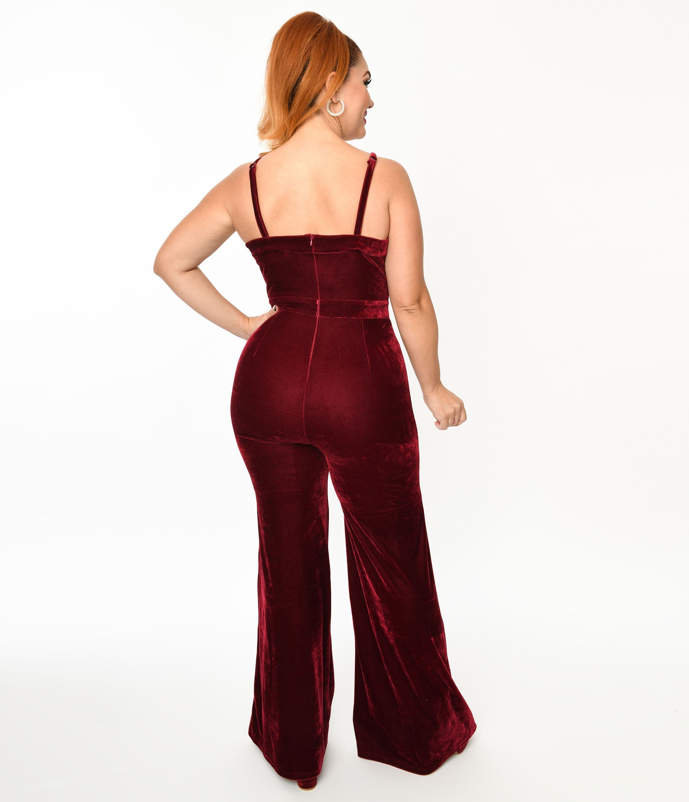 Wine Red Velvet Jumpsuit - Unique Vintage - Womens, BOTTOMS, ROMPERS AND JUMPSUITS