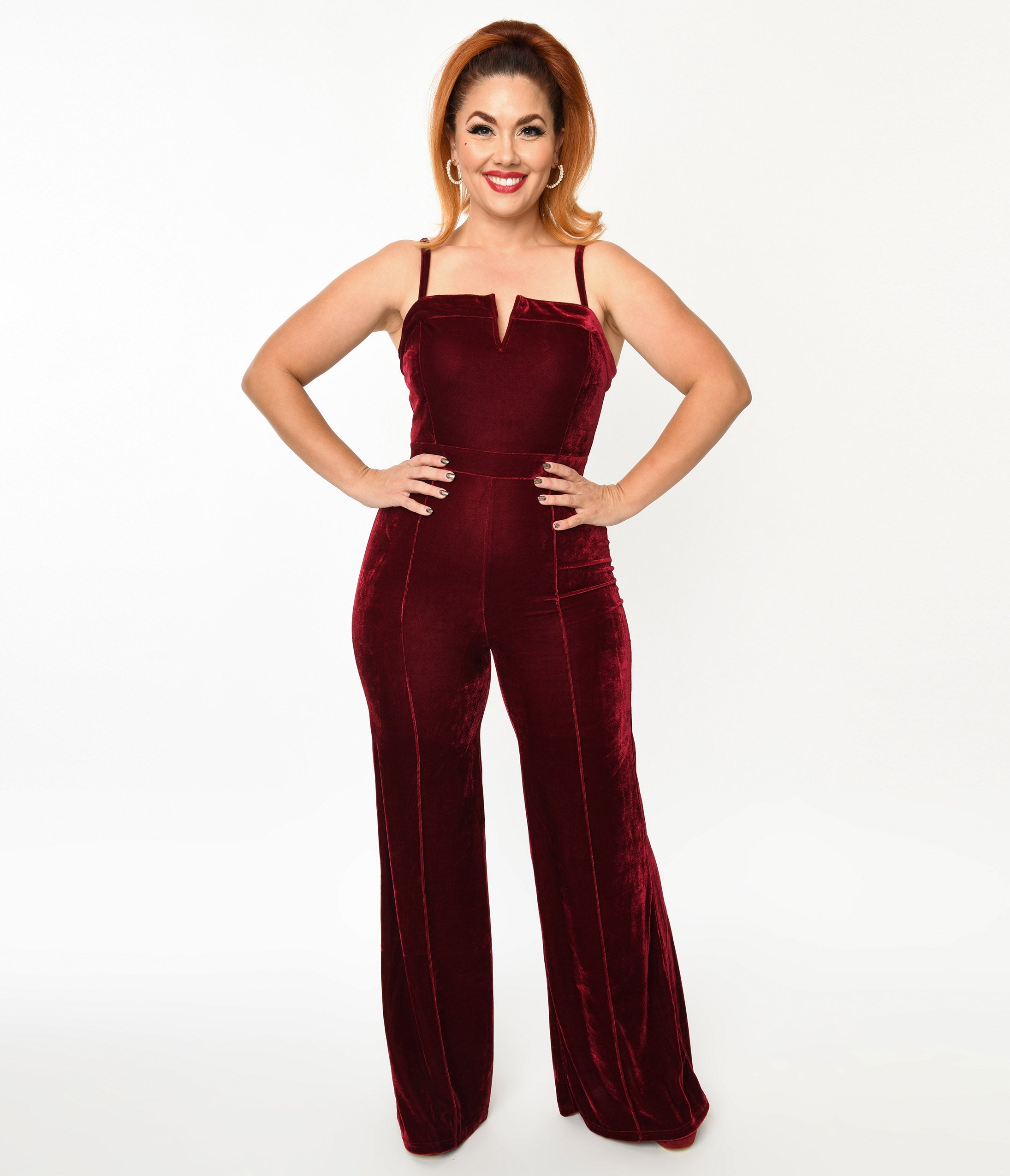 Wine Red Velvet Jumpsuit - Unique Vintage - Womens, BOTTOMS, ROMPERS AND JUMPSUITS