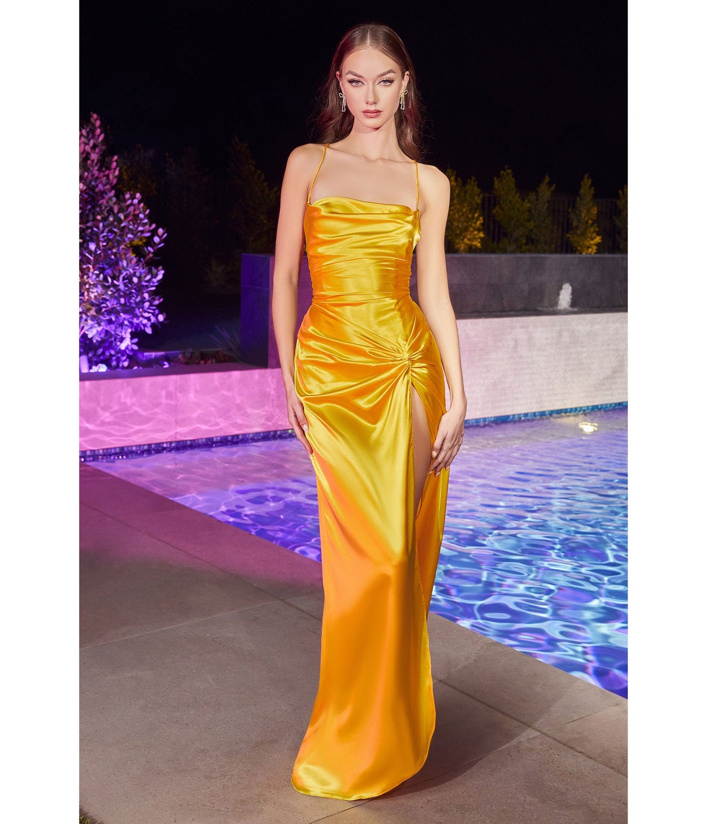 Yellow Draped Satin Slit Bridesmaid Dress - Unique Vintage - Womens, DRESSES, PROM AND SPECIAL OCCASION