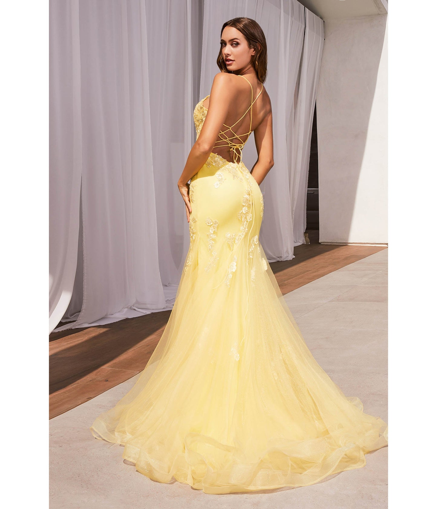 Yellow Floral & Beaded Corset Mermaid Gown - Unique Vintage - Womens, DRESSES, PROM AND SPECIAL OCCASION
