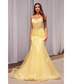 Yellow Floral & Beaded Corset Mermaid Gown - Unique Vintage - Womens, DRESSES, PROM AND SPECIAL OCCASION