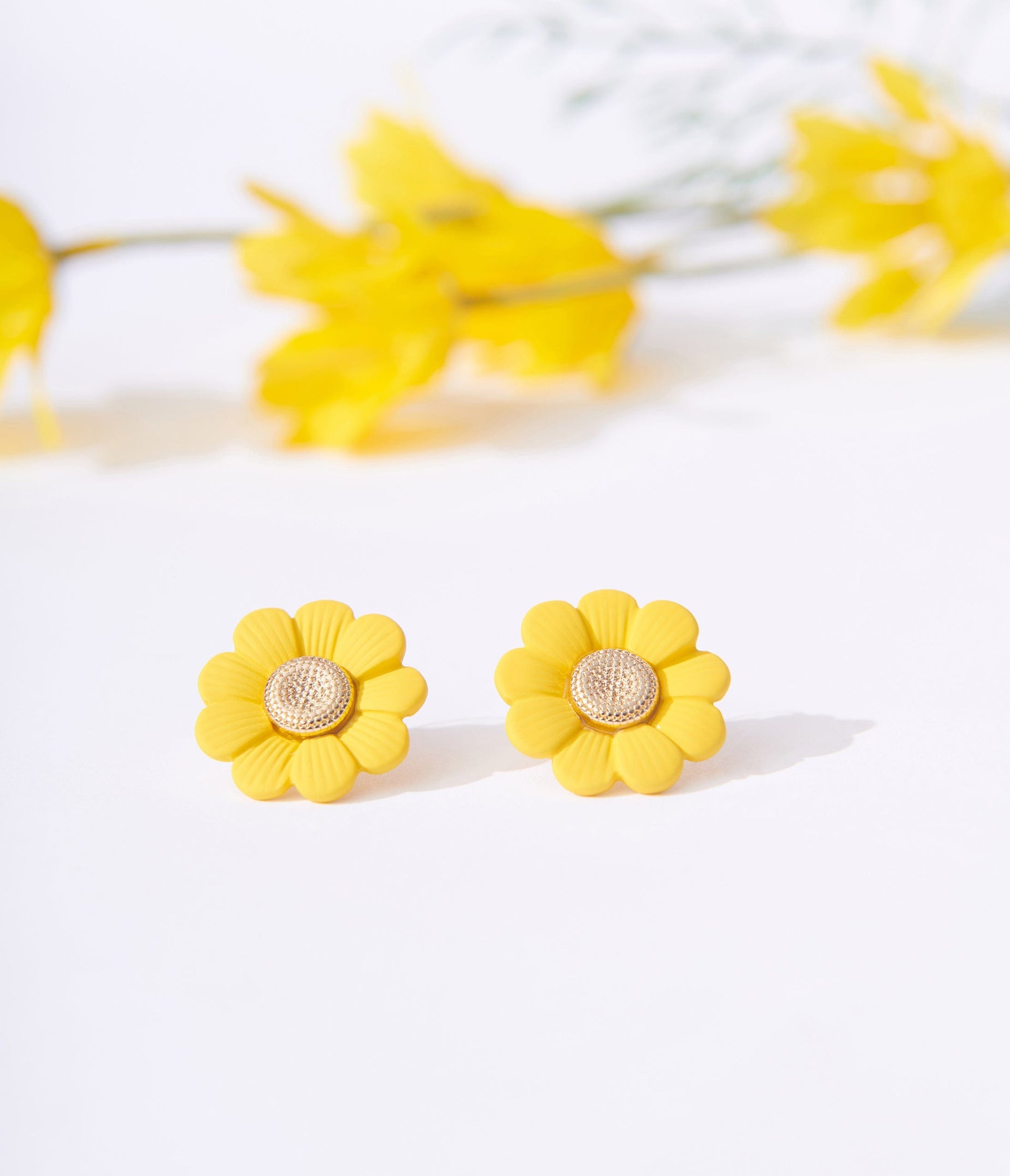 Yellow & Gold Daisy Stud Earrings - Unique Vintage - Womens, ACCESSORIES, JEWELRY