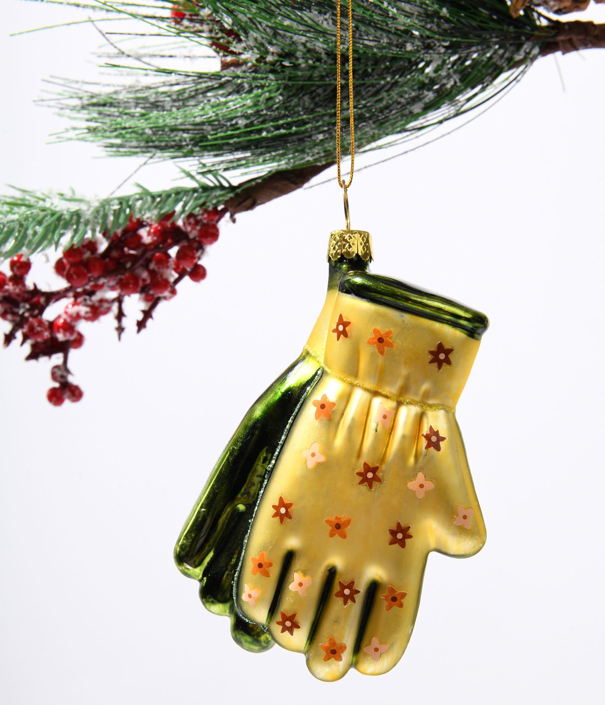 Yellow & Green Gardening Gloves Glass Ornament - Unique Vintage - Womens, ACCESSORIES, GIFTS/HOME