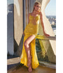 Cinderella Divine  Yellow Sequin Beaded High Slit Fitted Prom Gown