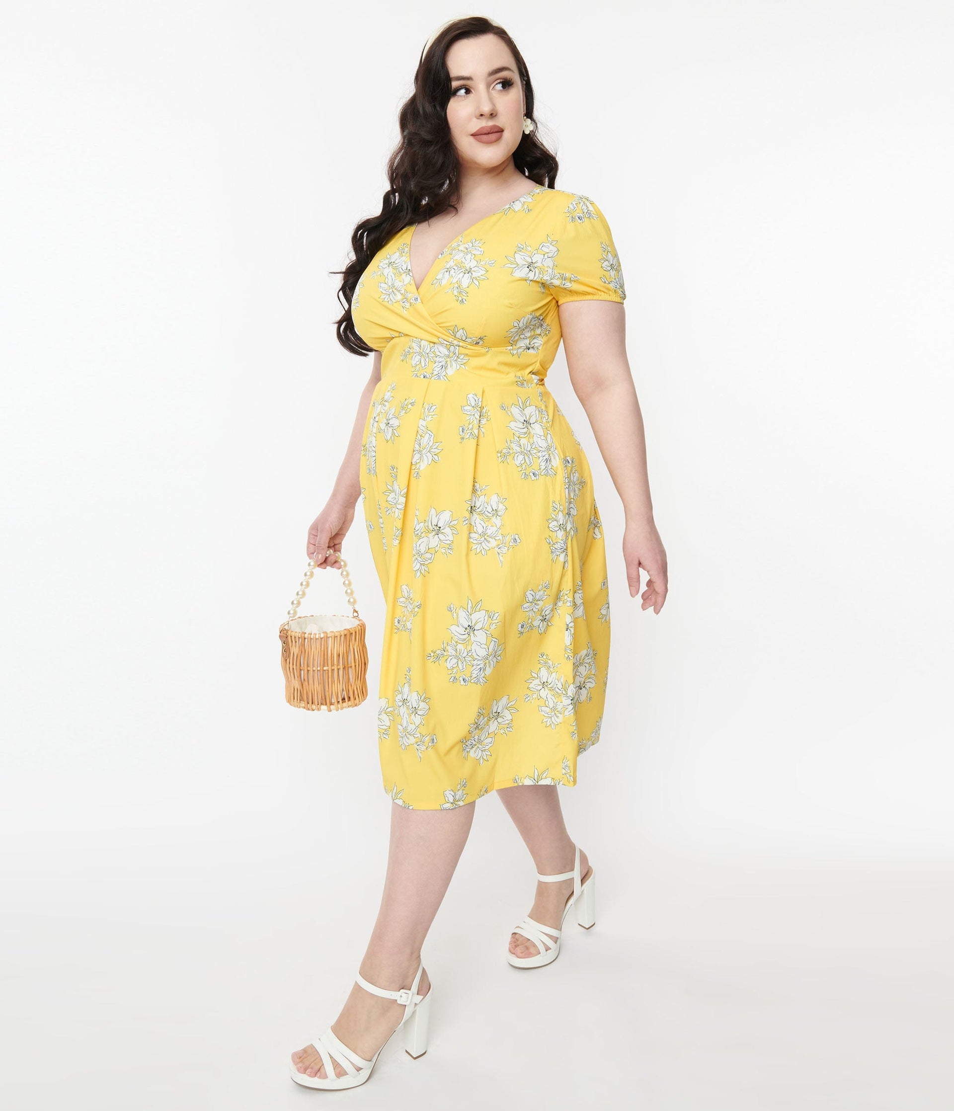 Yellow & White Floral Surplice Swing Dress - Unique Vintage - Womens, DRESSES, SWING