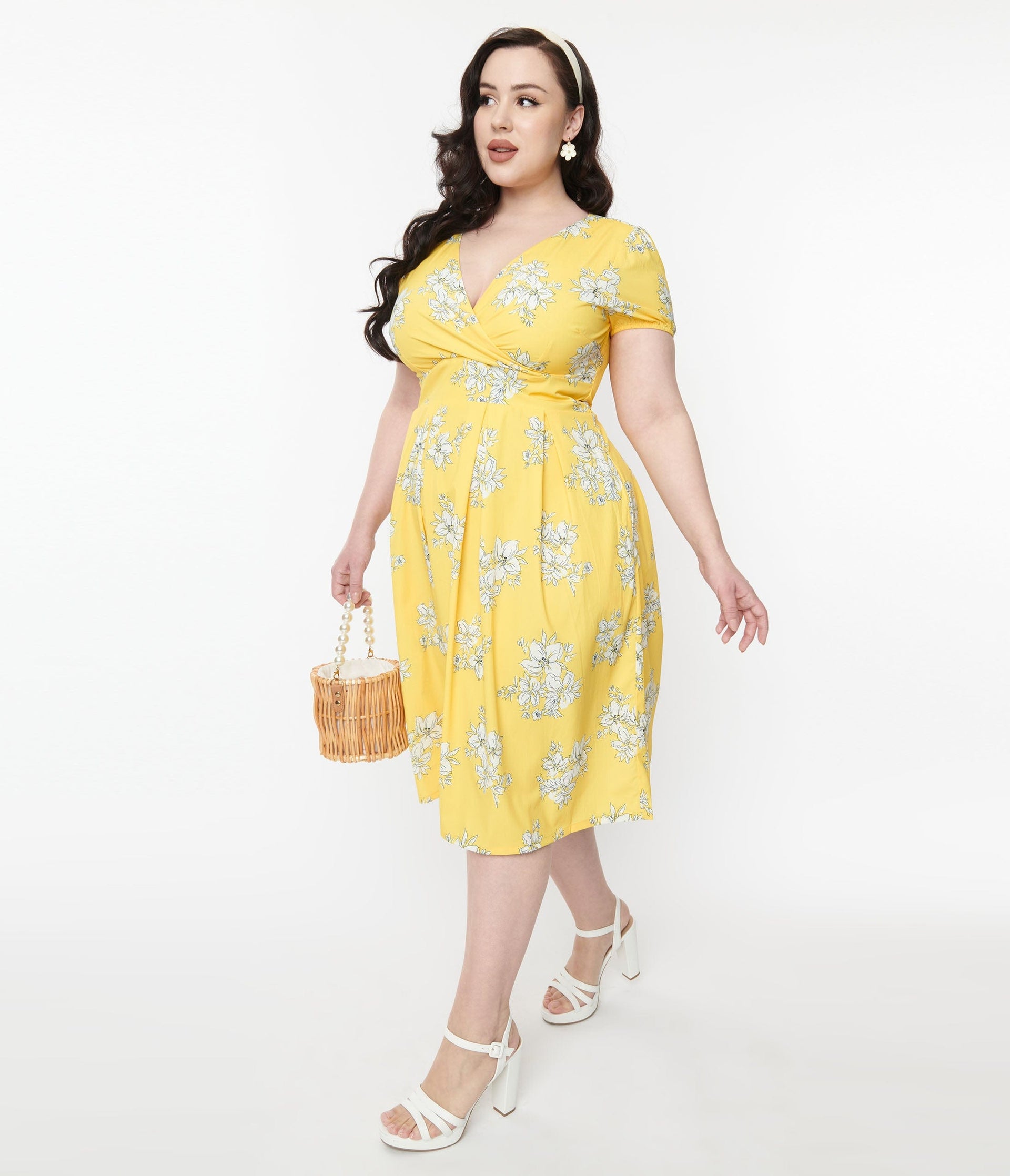 Yellow & White Floral Surplice Swing Dress - Unique Vintage - Womens, DRESSES, SWING